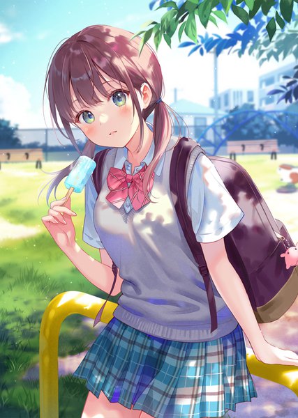 Anime picture 1240x1744 with original fukahire (ruinon) single long hair tall image looking at viewer blush fringe open mouth brown hair standing twintails holding green eyes outdoors blunt bangs pleated skirt short sleeves low twintails plaid skirt