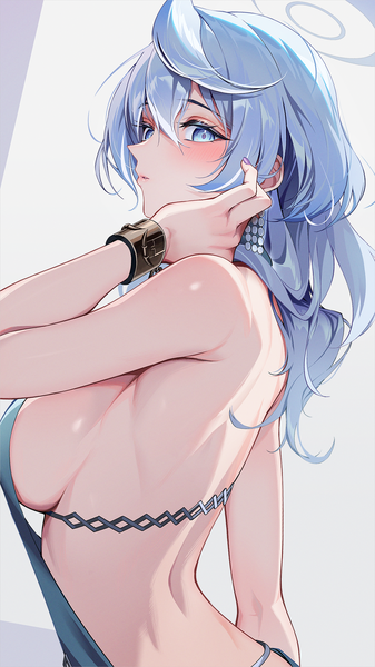 Anime picture 1080x1920 with blue archive ako (blue archive) ako (dress) (blue archive) kainown single long hair tall image fringe breasts blue eyes light erotic hair between eyes large breasts blue hair upper body sideboob back official alternate costume bare back girl
