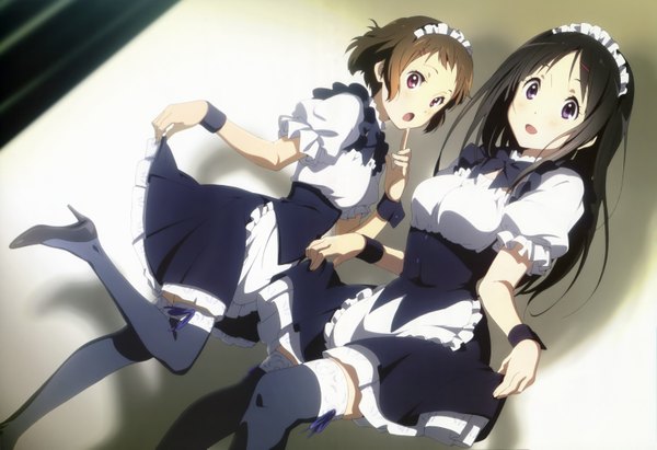 Anime picture 5951x4082 with hyouka kyoto animation nyantype chitanda eru ibara mayaka long hair highres short hair open mouth black hair brown hair purple eyes multiple girls absurdres official art maid zettai ryouiki girl thighhighs black thighhighs