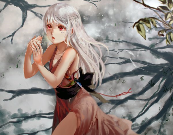 Anime picture 1000x780 with original viola (seed) single long hair fringe open mouth red eyes bare shoulders looking away white hair sleeveless facial mark walking girl dress leaf (leaves) branch