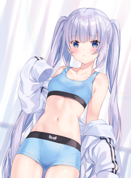 Anime picture 1769x2400 with original jimmy madomagi single long hair tall image looking at viewer blush fringe highres breasts blue eyes light erotic standing twintails bare shoulders payot silver hair blunt bangs off shoulder bare belly