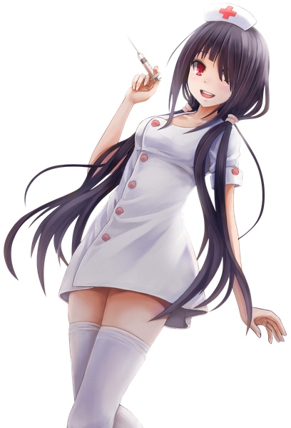 Anime picture 1027x1508 with date a live tokisaki kurumi sunimu single long hair tall image looking at viewer fringe open mouth black hair smile red eyes twintails bent knee (knees) hair over one eye heterochromia low twintails transparent background nurse rendered