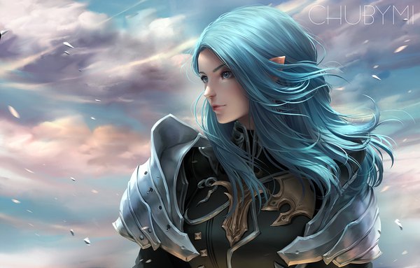 Anime picture 1600x1023 with final fantasy final fantasy xiv square enix elezen chubymi single long hair blush fringe blue eyes signed blue hair looking away sky cloud (clouds) upper body wind lips pointy ears realistic