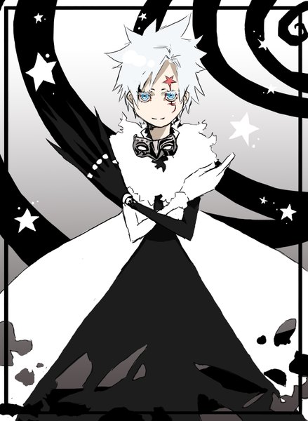Anime picture 2416x3300 with d.gray-man allen walker meexart single tall image looking at viewer highres short hair blue eyes white hair scar clown boy gloves star (symbol) mask