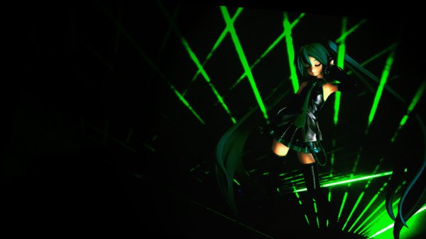 Anime picture 1366x768 with vocaloid hatsune miku oscarsama single long hair fringe simple background wide image twintails eyes closed very long hair green hair hair over one eye aqua hair wallpaper glowing dark background girl necktie laser