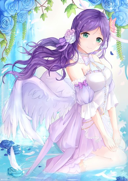 Anime picture 3507x4960 with love live! school idol project love live! school idol festival sunrise (studio) love live! toujou nozomi oretsuu single long hair tall image looking at viewer blush highres breasts smile sitting green eyes signed absurdres purple hair full body