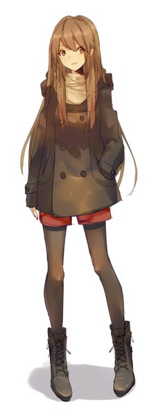 Anime picture 476x1200 with prophet chu single long hair tall image simple background smile brown hair standing white background brown eyes looking away hand in pocket girl pantyhose shorts boots scarf coat winter clothes