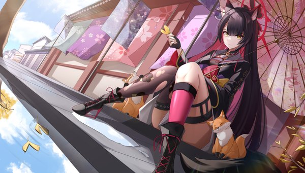 Anime picture 5093x2894 with blue archive wakamo (blue archive) winterlime12 single long hair fringe highres light erotic black hair hair between eyes wide image sitting holding animal ears yellow eyes pink hair absurdres tail animal tail multicolored hair