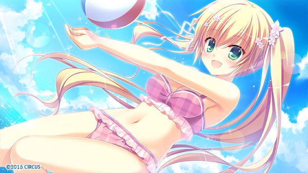Anime picture 800x450 with d.s. -dal segno- circus (studio) fujishiro noeri single long hair blush fringe open mouth light erotic blonde hair hair between eyes wide image twintails green eyes looking away game cg sky cloud (clouds) bent knee (knees) asymmetrical hair