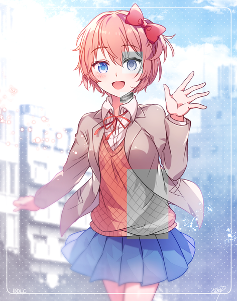 Anime-Bild 984x1250 mit doki doki literature club sayori (doki doki literature club) aicedrop single tall image looking at viewer blush fringe short hair open mouth blue eyes smile hair between eyes standing signed sky cloud (clouds) outdoors long sleeves :d