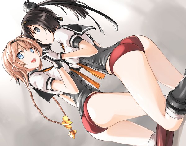 Anime picture 1096x860 with kantai collection akizuki destroyer teruzuki destroyer tea (nakenashi) long hair looking at viewer fringe open mouth blue eyes light erotic black hair simple background brown hair multiple girls looking away ass ponytail braid (braids) pleated skirt :o