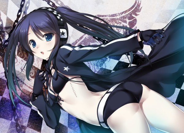 Anime picture 1200x868 with black rock shooter black rock shooter (character) 47agdragon single long hair looking at viewer blush open mouth blue eyes light erotic black hair twintails ass scar checkered background girl gloves underwear panties headphones