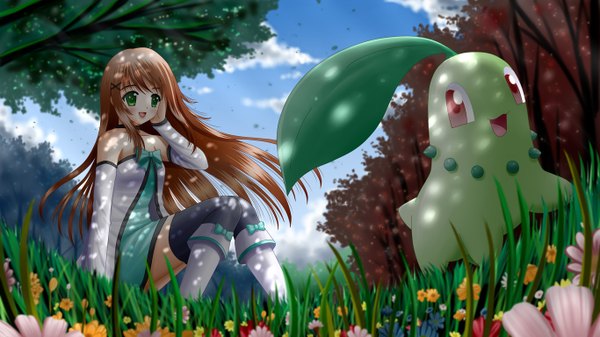 Anime picture 1366x768 with ilolamai single long hair brown hair wide image green eyes girl thighhighs black thighhighs