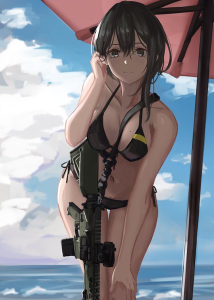 Anime picture 1102x1543 with original takagaki eru single tall image looking at viewer fringe short hair breasts light erotic black hair hair between eyes standing bare shoulders sky cloud (clouds) outdoors light smile black eyes bare legs bare belly