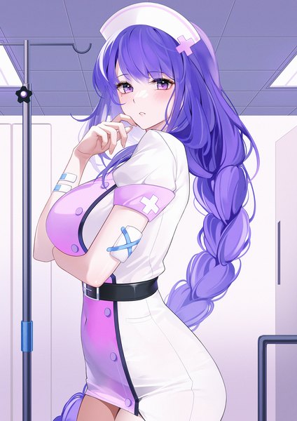 Anime picture 1200x1697 with genshin impact raiden shogun uosaasou single long hair tall image looking at viewer blush fringe breasts large breasts standing purple eyes purple hair indoors blunt bangs braid (braids) parted lips mole short sleeves