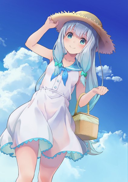 Anime picture 1049x1488 with eromanga sensei a-1 pictures izumi sagiri misashi (raichi821) single long hair tall image looking at viewer blush blue eyes light erotic smile standing sky silver hair cloud (clouds) outdoors adjusting hat girl bow