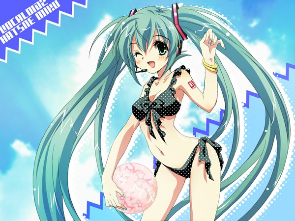 Anime picture 1024x768 with vocaloid hatsune miku suzui narumi long hair twintails one eye closed aqua eyes wink aqua hair girl swimsuit bikini bracelet jewelry side-tie bikini ball polka dot bikini