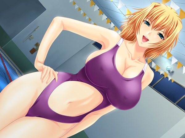 Anime picture 1200x900 with girigiri scoop breasts light erotic blonde hair game cg aqua eyes huge breasts girl swimsuit