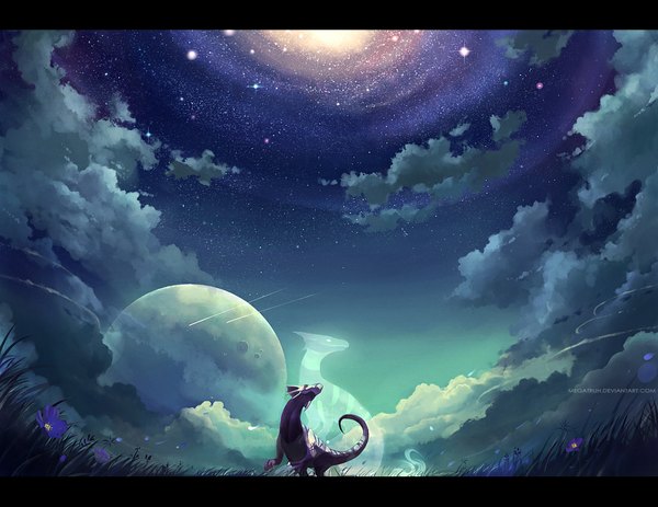 Anime picture 1100x850 with original megatruh sky cloud (clouds) night night sky no people field plant (plants) moon star (stars) grass dragon