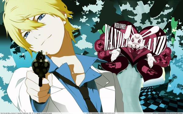 Anime picture 1920x1200 with are you alice alice (are you alice) sango hiwatari highres short hair blue eyes blonde hair wide image boy gun