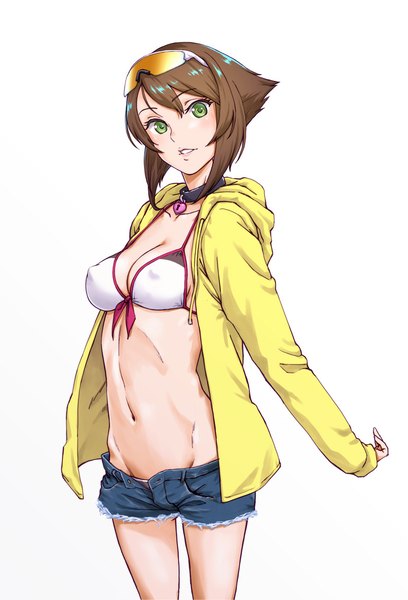 Anime picture 804x1182 with kantai collection mutsu battleship kaburagi yuki single tall image looking at viewer blush short hair breasts light erotic simple background smile brown hair white background green eyes nipples parted lips spread arms sunglasses on head open shorts