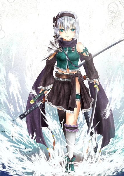 Anime picture 850x1200 with touhou konpaku youmu p-yama (artist) single tall image looking at viewer short hair silver hair light smile midriff alternate costume sleeveless gradient background walking asymmetrical clothes girl ribbon (ribbons) weapon hair ribbon sword