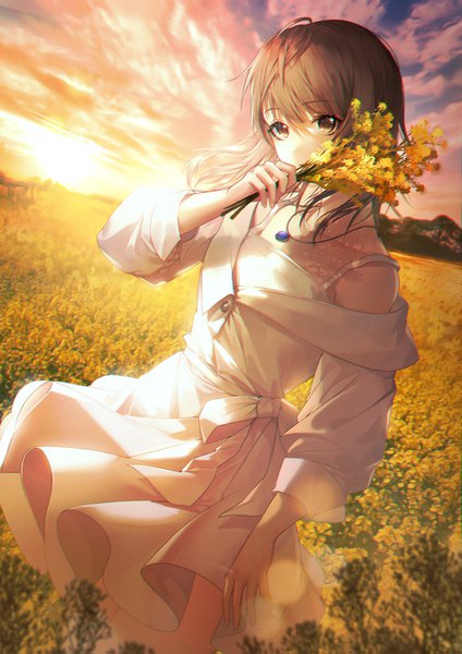Anime picture 1000x1415 with original shenteita (sharkpunk) single long hair tall image looking at viewer fringe brown hair standing holding brown eyes sky cloud (clouds) outdoors arm up sunlight off shoulder lens flare evening sunset
