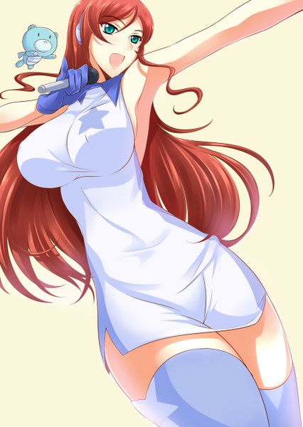 Anime picture 900x1266 with mobile suit gundam gundam build fighters sunrise (studio) kamiki mirai haganef single long hair tall image breasts open mouth light erotic simple background large breasts green eyes nipples red hair erect nipples covered nipples yellow background star print