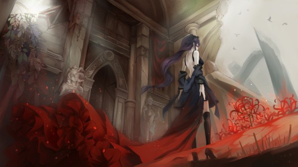 Anime picture 2400x1350 with tokyo ghoul studio pierrot kamishiro rize bzerox single long hair looking at viewer highres red eyes wide image purple hair looking back wind pale skin ruins black sclera girl thighhighs dress flower (flowers)