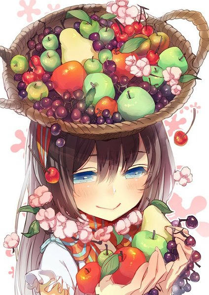 Anime picture 717x1014 with original nicohi (artist) single long hair tall image blush blue eyes simple background smile brown hair holding light smile girl flower (flowers) food headdress leaf (leaves) fruit berry (berries) apple
