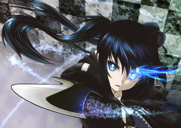 Anime picture 1200x848 with black rock shooter black rock shooter (character) long hair blue eyes twintails glowing glowing eye (eyes) checkered girl sword cloak bikini top