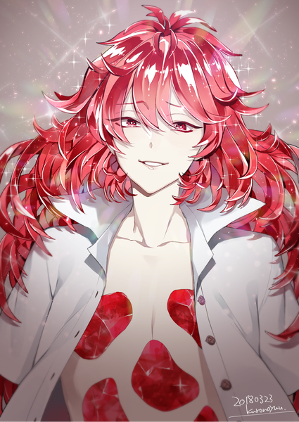 Anime picture 1200x1695 with houseki no kuni padparadscha (houseki no kuni) kurono yuu single long hair tall image looking at viewer fringe smile hair between eyes red eyes signed upper body red hair parted lips sparkle open shirt dated androgynous uniform