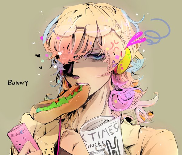 Anime picture 2000x1700 with tiger & bunny sunrise (studio) barnaby brooks jr. fujiwara miya single fringe highres blue eyes simple background multicolored hair hair over one eye mouth hold boy food newspaper hot dog