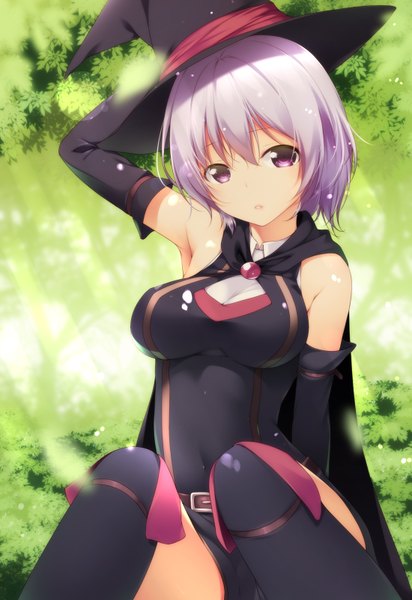 Anime picture 1100x1600 with hai to gensou no grimgar a-1 pictures shihoru (grimgar) shokuyou mogura single tall image looking at viewer short hair breasts light erotic large breasts purple eyes purple hair girl thighhighs dress gloves black thighhighs hat black gloves