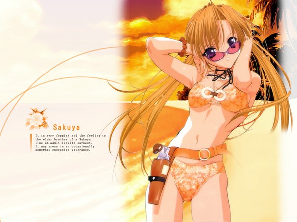 Anime picture 1024x768 with sister princess zexcs sakuya (sister princess) long hair looking at viewer blonde hair purple eyes beach hands on head girl weapon swimsuit plant (plants) tree (trees) bracelet gun pendant sunglasses palm tree pistol