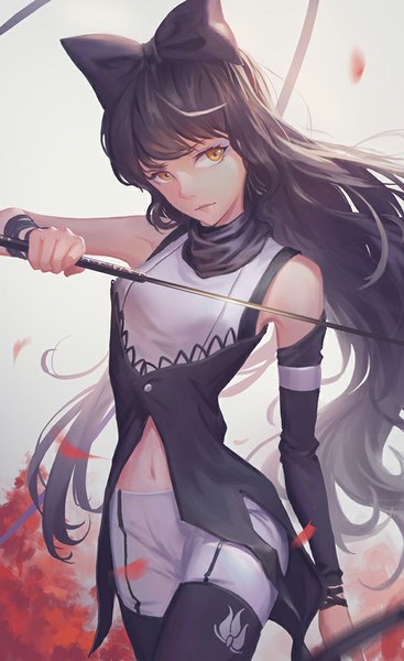 Anime picture 612x1000 with rwby rooster teeth blake belladonna edakai single tall image looking at viewer fringe black hair holding yellow eyes outdoors very long hair head tilt wind lips blurry bare belly midriff orange eyes