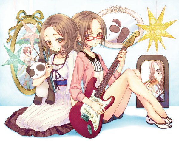 Anime picture 1000x789 with original nama2e long hair blush short hair brown hair multiple girls brown eyes girl dress 2 girls glasses toy stuffed animal musical instrument guitar photo (object) flute