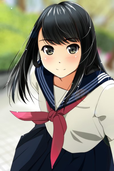 Anime picture 800x1200 with original matsunaga kouyou single long hair tall image looking at viewer blush fringe black hair light smile black eyes girl skirt uniform shirt serafuku white shirt