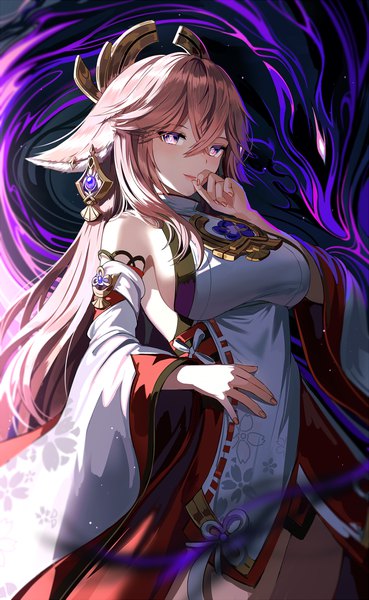 Anime picture 700x1137 with genshin impact yae miko silence girl single long hair tall image fringe breasts hair between eyes purple eyes animal ears looking away pink hair traditional clothes japanese clothes light smile fox ears sideboob hand to mouth nontraditional miko