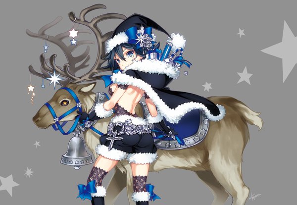 Anime picture 1500x1037 with original kayou (kayou-bi) blue eyes black hair looking back horn (horns) from behind grey background fur trim back christmas merry christmas girl thighhighs gloves bow hat animal shorts star (symbol)