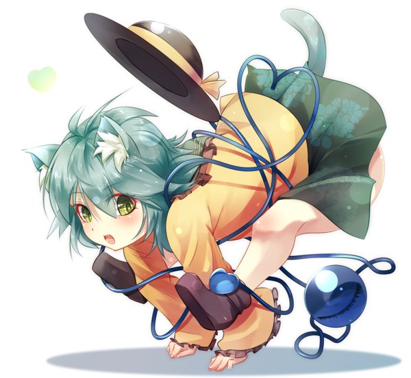 Anime picture 1500x1380 with touhou komeiji koishi gorilla (bun0615) single looking at viewer blush short hair open mouth simple background white background green eyes animal ears blue hair tail animal tail cat ears teeth cat tail fang (fangs) jumping
