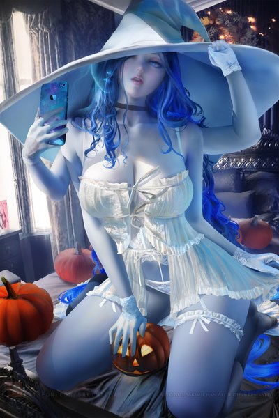 Anime picture 2333x3500 with elden ring ranni the witch sakimichan single long hair tall image fringe highres breasts blue eyes light erotic large breasts sitting holding blue hair looking away cleavage indoors realistic watermark