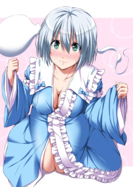 Anime picture 893x1253 with touhou konpaku youmu single tall image looking at viewer blush short hair breasts blue eyes light erotic silver hair cosplay ghost saigyouji yuyuko (cosplay) girl dress frills