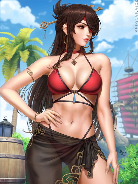 Anime picture 930x1240 with genshin impact beidou (genshin impact) sciamano240 single long hair tall image fringe breasts light erotic red eyes brown hair large breasts standing signed payot looking away sky cleavage cloud (clouds) outdoors