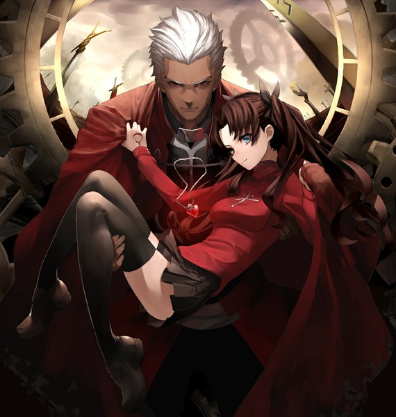 Anime picture 980x1031 with fate (series) fate/stay night type-moon toosaka rin archer (fate) tef long hair tall image looking at viewer short hair blue eyes black hair red eyes white hair girl thighhighs boy skirt bow black thighhighs