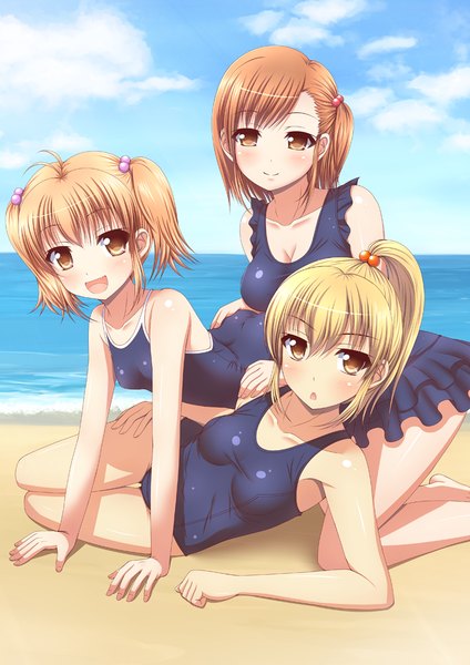 Anime picture 744x1053 with original kk-sk-ray tall image looking at viewer blush short hair open mouth light erotic blonde hair smile brown hair multiple girls brown eyes sky cloud (clouds) ponytail girl swimsuit sea 3 girls
