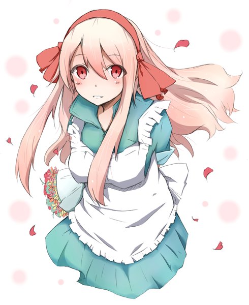 Anime picture 2868x3512 with kagerou project shaft (studio) mary (kagerou project) kurebayashi noe single long hair tall image looking at viewer blush highres blonde hair red eyes light smile girl dress flower (flowers) ribbon (ribbons) hair ribbon petals apron
