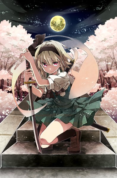 Anime picture 900x1368 with touhou konpaku youmu myon henki (orange) tall image looking at viewer short hair red eyes night sparkle cherry blossoms ghost girl skirt ribbon (ribbons) weapon plant (plants) hair ribbon petals sword
