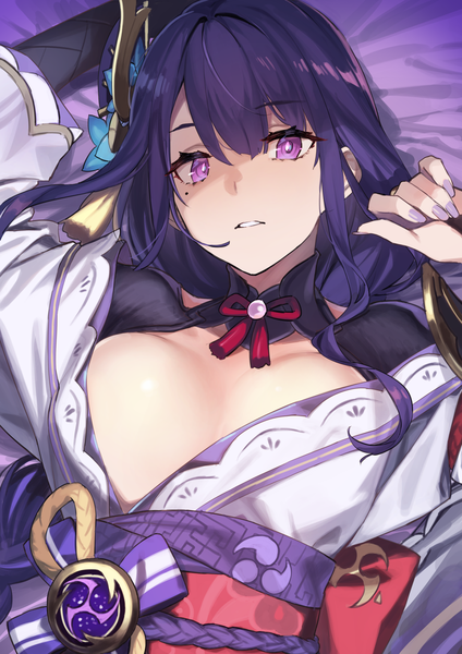 Anime-Bild 2121x3000 mit genshin impact raiden shogun 92m single long hair tall image looking at viewer fringe highres breasts light erotic hair between eyes purple eyes purple hair nail polish traditional clothes parted lips japanese clothes fingernails from above