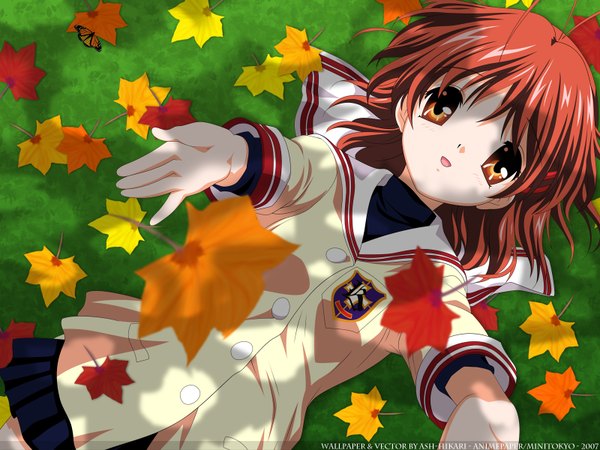 Anime picture 1600x1200 with clannad key (studio) furukawa nagisa highres smile uniform school uniform leaf (leaves)